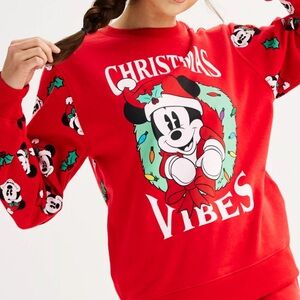 Women’s Disney Mickey Mouse Holiday Crew Neck Fleece Sweatshirt, Size Large.